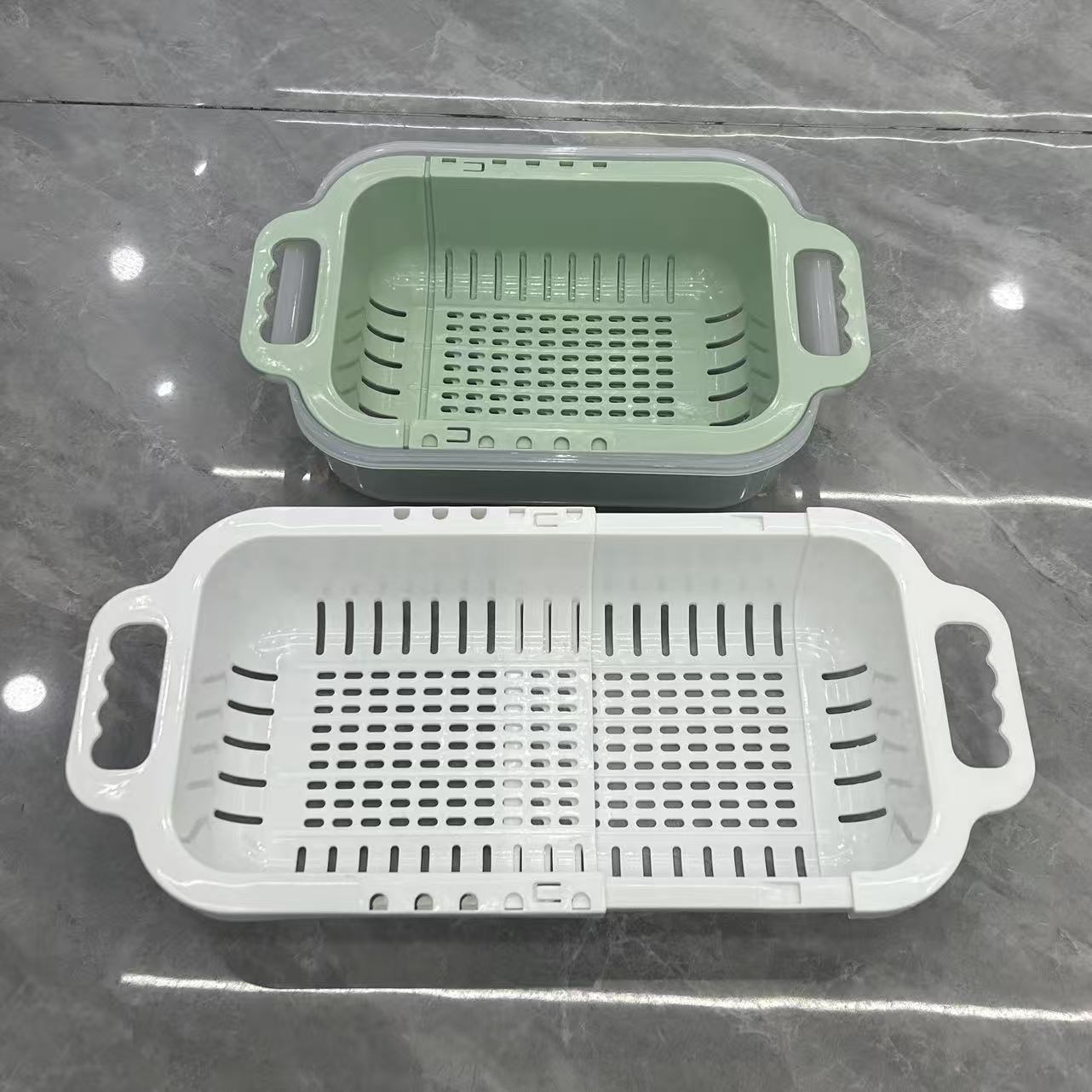 厨房沥水篮盆组合伸缩沥水篮多功能收纳用品厨房沥水篮双层厨房沥水篮套装 PP 塑料洗菜水果篮带沥水盘 家用厨房专用