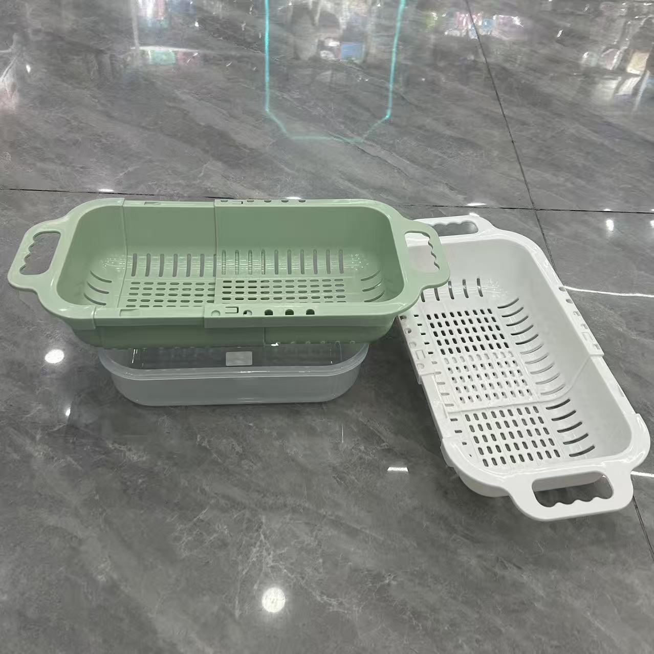 Kitchen draining basket and basin combination, extendable draining basket, multi-functional storage product, kitchen draining basket, double-layer kitchen draining basket set, PP plastic vegetable and fruit washing basket with draining tray, specially designed for household kitchens Application Scenario