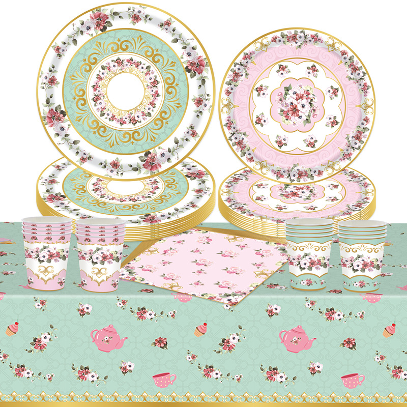 Tea party tableware, fairy tale retro girl afternoon tea princess party paper plates, tissues, tablecloths, paper cups set