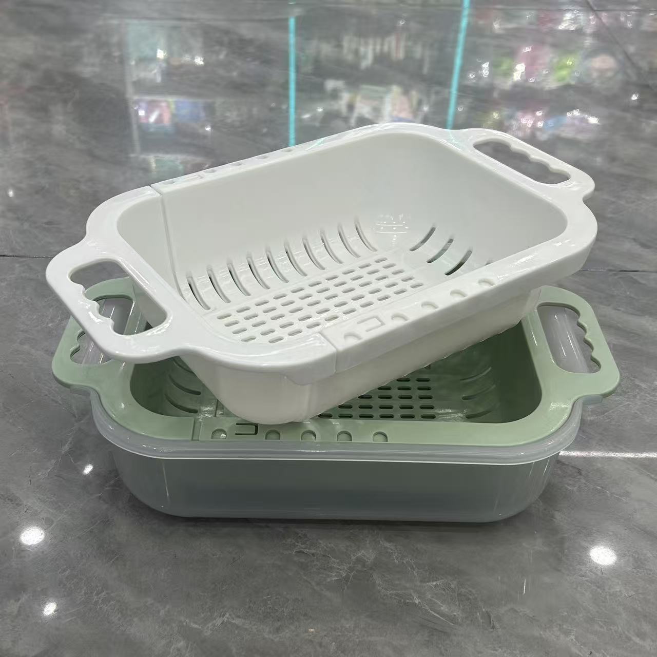 Kitchen draining basket and basin combination, extendable draining basket, multi-functional storage product, kitchen draining basket, double-layer kitchen draining basket set, PP plastic vegetable and fruit washing basket with draining tray, specially designed for household kitchens Specification image