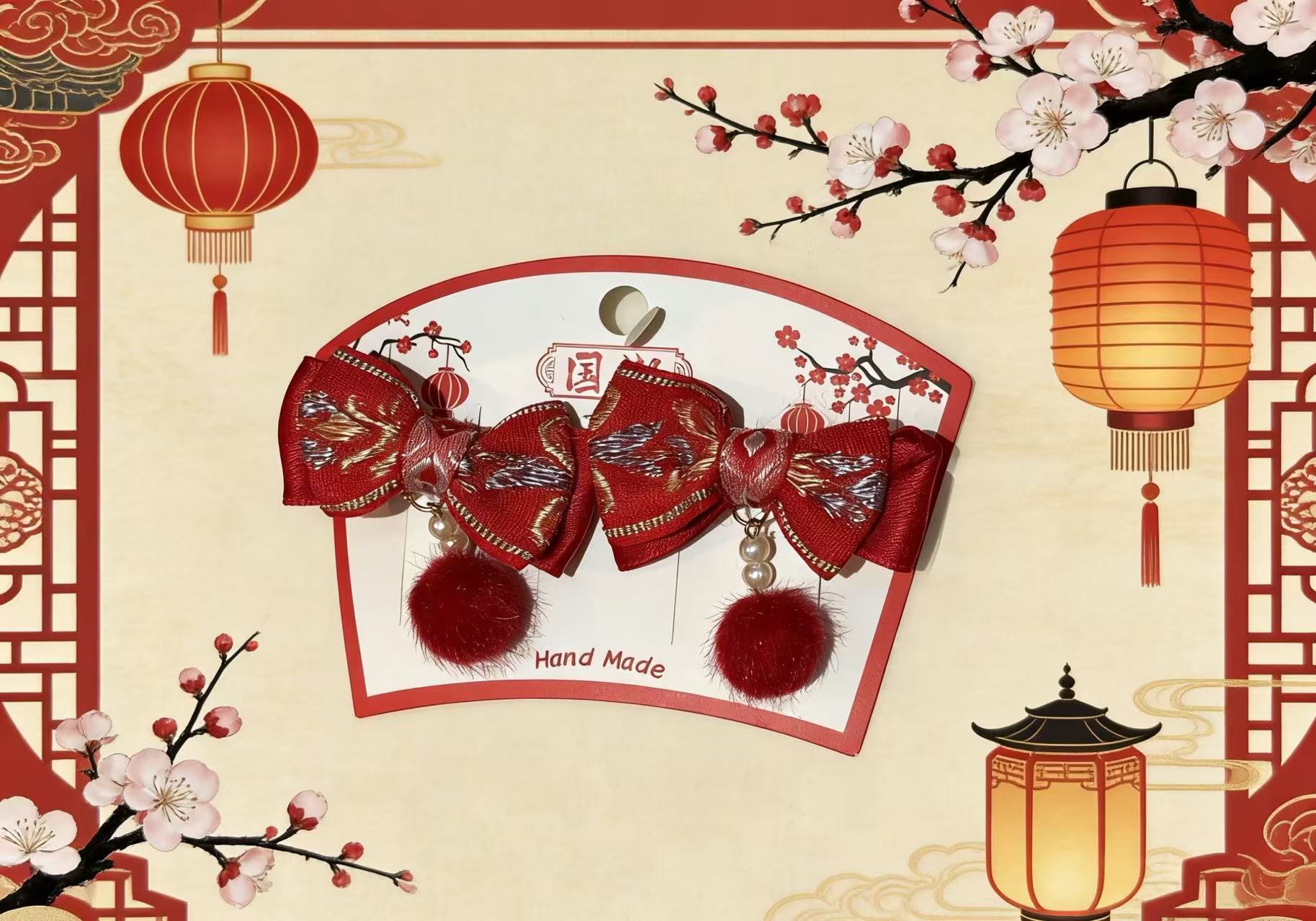 2026中国风发夹女儿童新年新款红色蝴蝶结头饰对夹发卡发饰品产品图