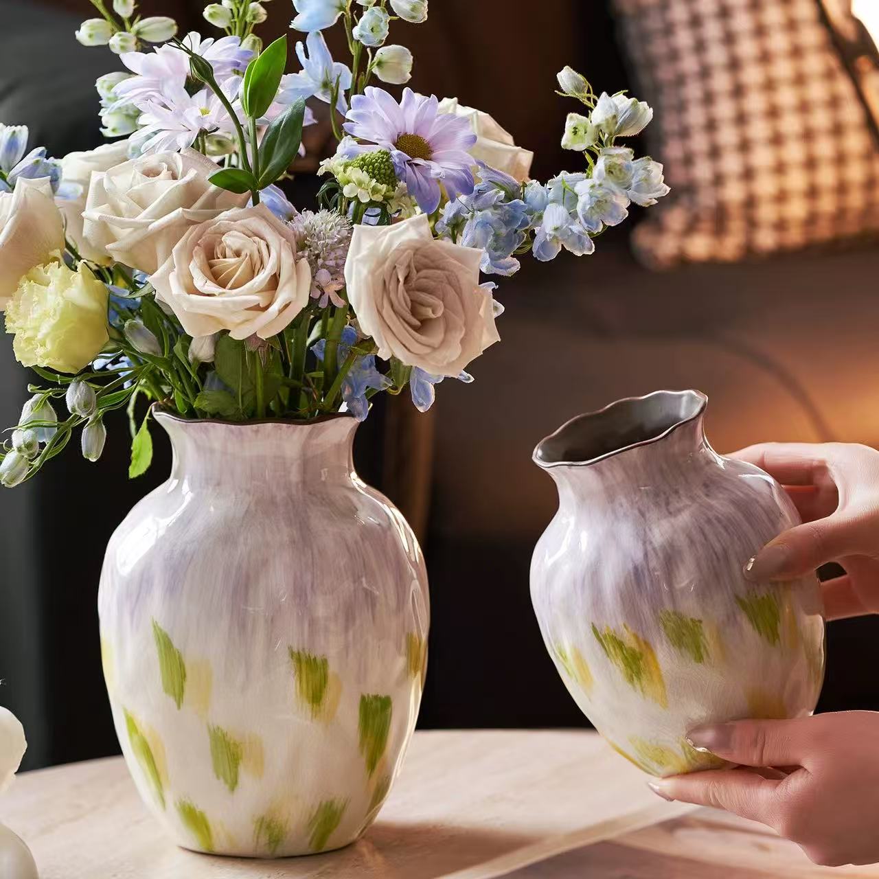 简约温馨香芋紫陶瓷花瓶油画风水培鲜花水培摆件