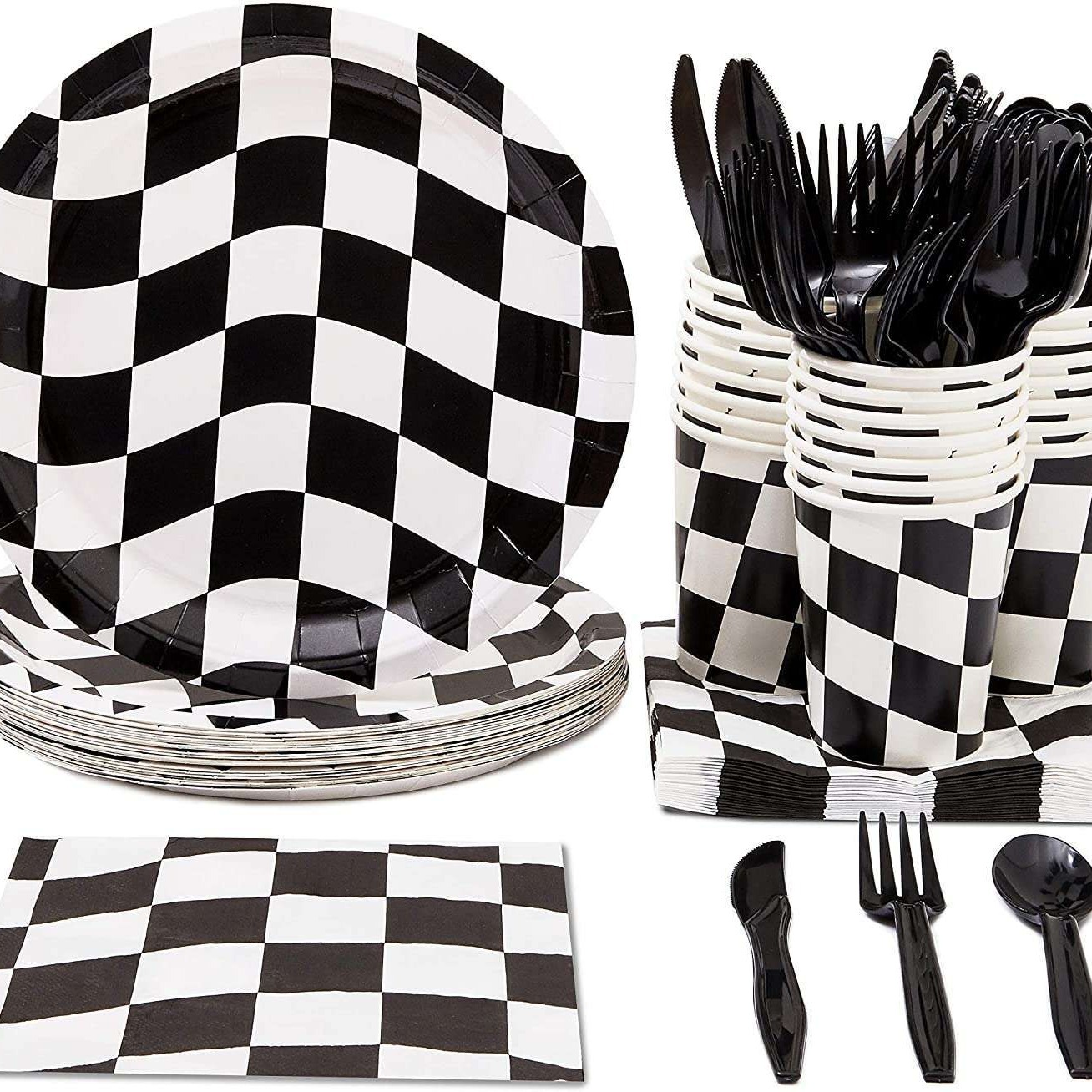 赛车主题派对用品黑白格生日用品派对餐具套装成人生日派对黑白格合