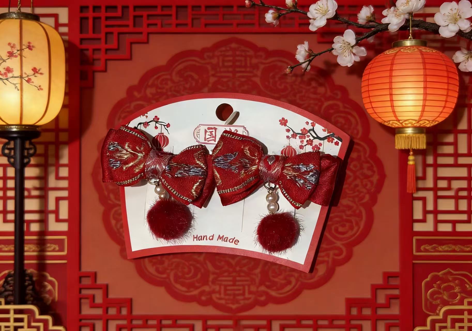 2026中国风发夹女儿童新年新款红色蝴蝶结头饰对夹发卡发饰品细节图