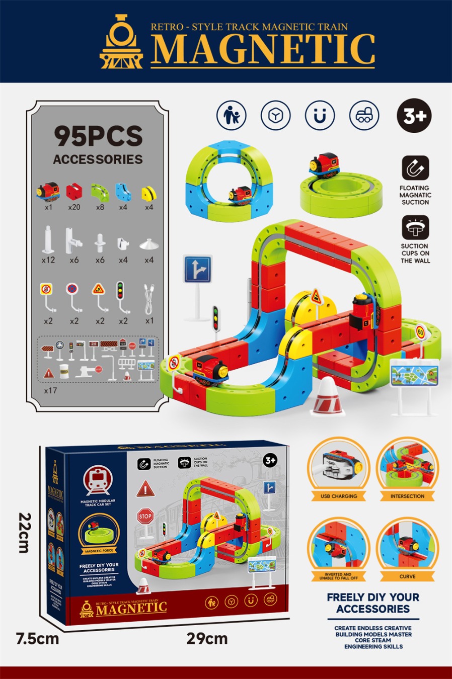 Magnetic track toy train set, magnetic track electric train, trendy toys, children's educational assembly full figure