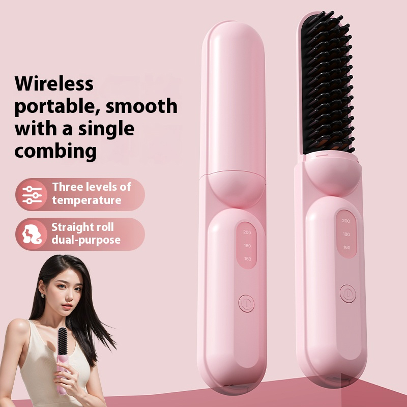 The covered hair straightening comb is a magic tool for curling hair. It is a pink wireless portable hair straightening comb and a multi-functional hair curling comb styling tool