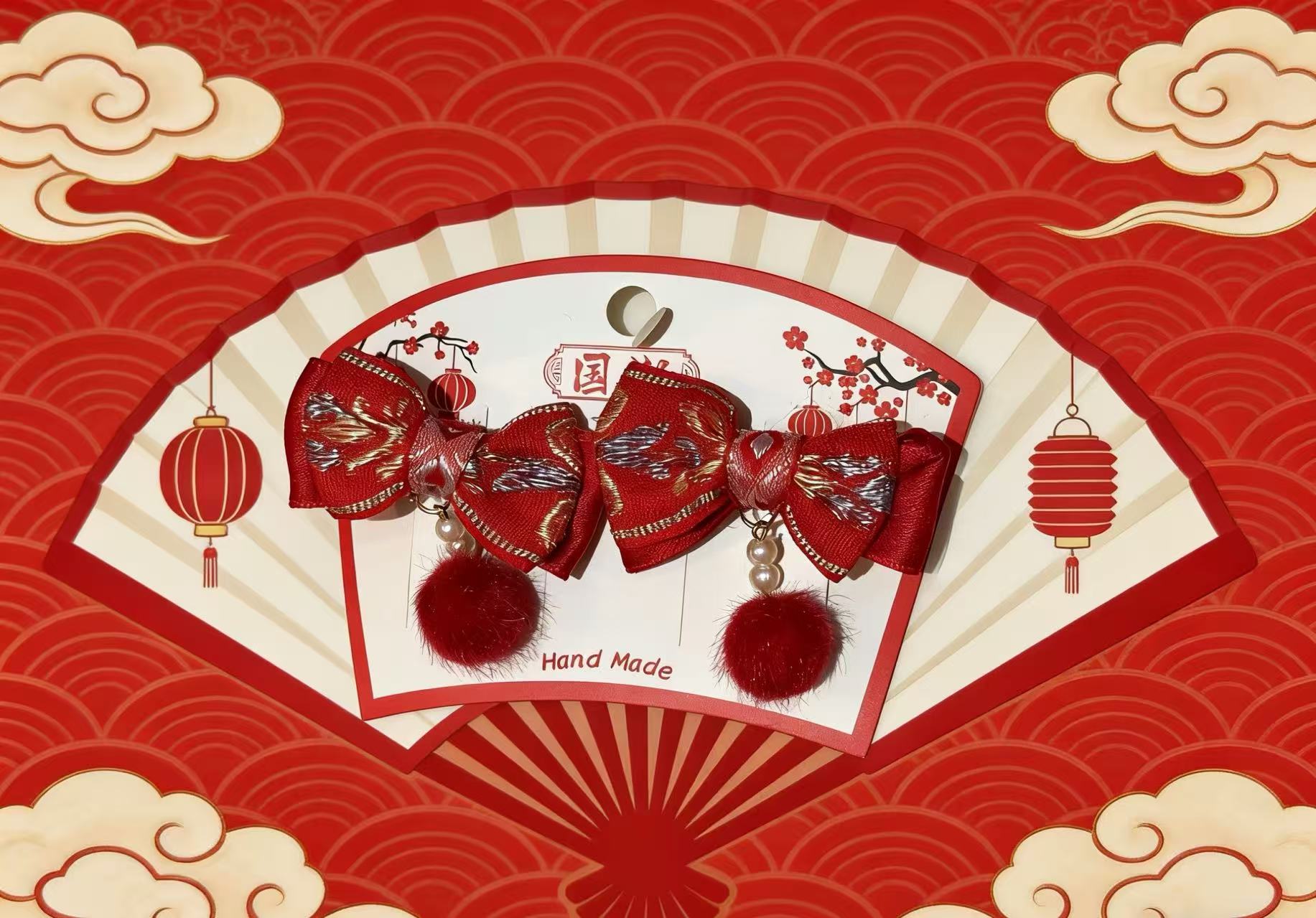 2026中国风发夹女儿童新年新款红色蝴蝶结头饰对夹发卡发饰品