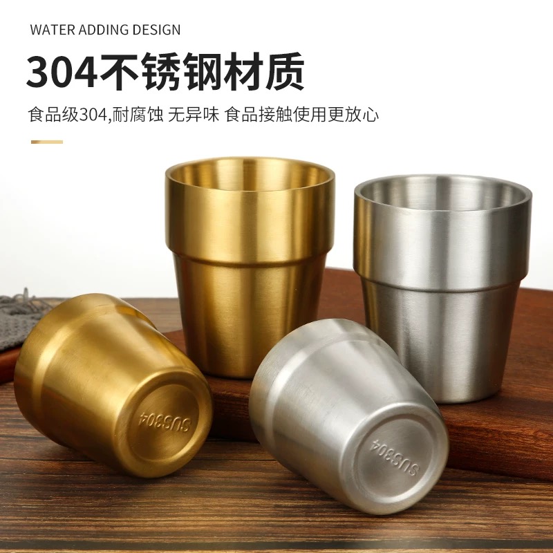 304不锈钢水杯双层防烫韩式餐厅茶杯商用金色酒店漱口杯子
