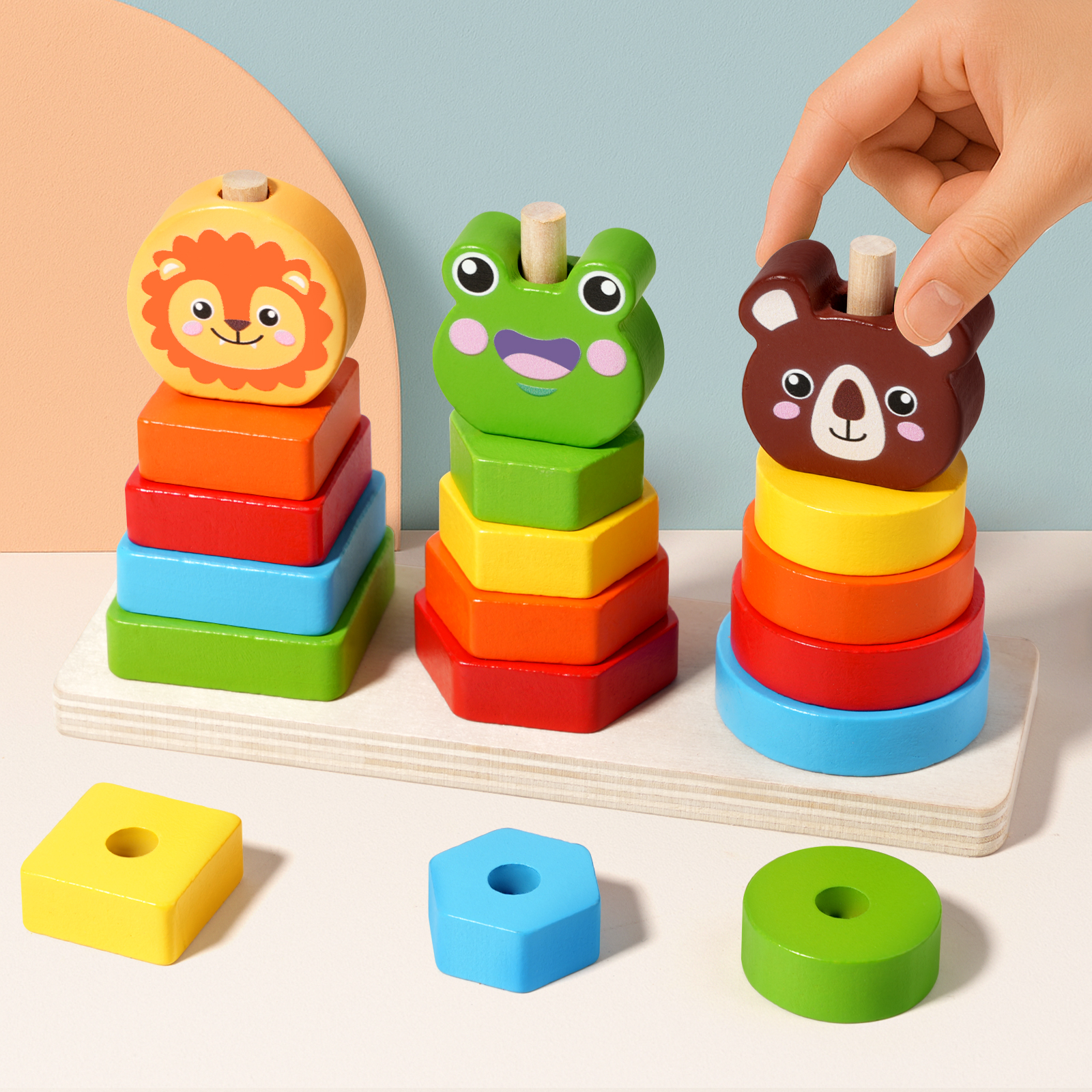Export CE CPC EN71 colorful animal Jenga toys, wooden educational toys, kindergarten Montessori animal puzzle sets, rainbow towers, early childhood education children's toys, geometric shape matching building blocks Specification drawing