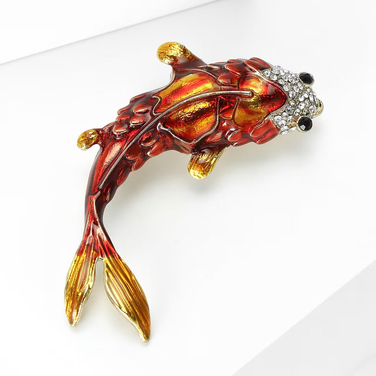 Fashionable and trendy red koi brooch, enamel goldfish and carp pin, elegant Chinese red auspicious fish accessories