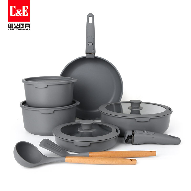 創(chuàng)藝廚具17件套不粘鍋可拆卸柄套裝一鍋多用鍋Cookware鋁鍋煎鍋鍋具套裝鍋詳情1