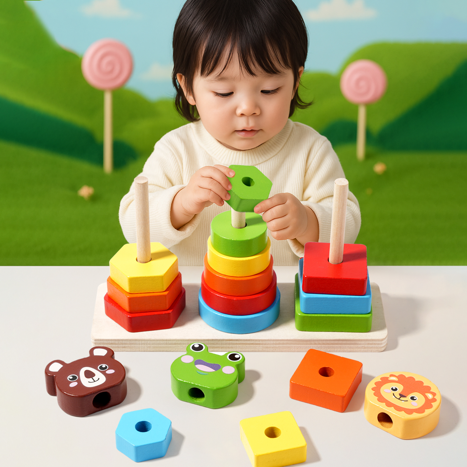 Export CE CPC EN71 colorful animal Jenga toys, wooden educational toys, kindergarten Montessori animal puzzle sets, rainbow towers, early childhood education children's toys, geometric shape matching building blocks details Picture