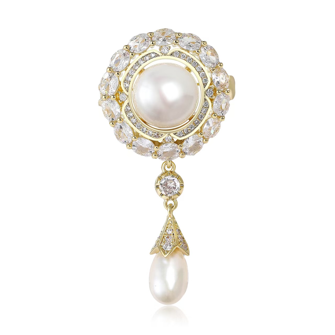 剑桥夫人同款宫廷淡水珍珠铜微镶锆花朵胸针男女服饰胸花厂家批发详情2