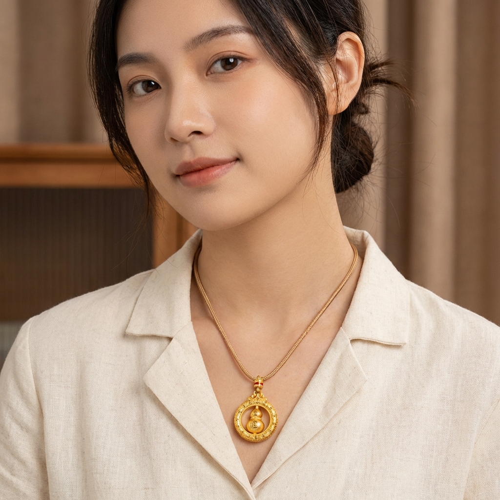 Gold gourd pendant, hand-carved and hollowed-out "Fu" character, gold wrapped in silver, inlaid with chain, movable "Fu" gourd Application Scenario