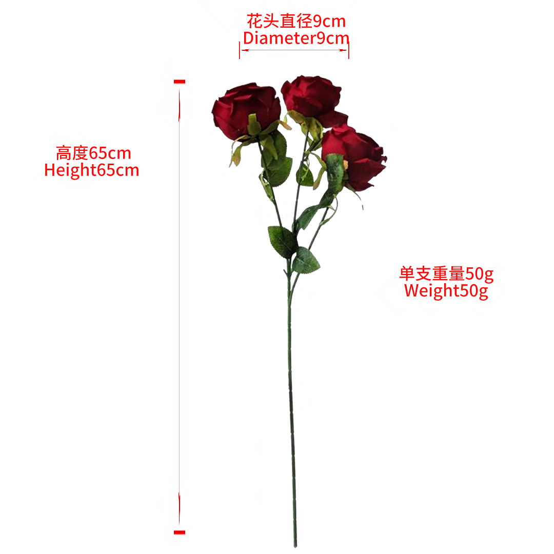 A red rose bouquet paired with a three-headed imperial concubine rose realistic flower arrangement, a simulated plant wall for wedding decoration, and a waterfall simulated floral arrangement details Picture