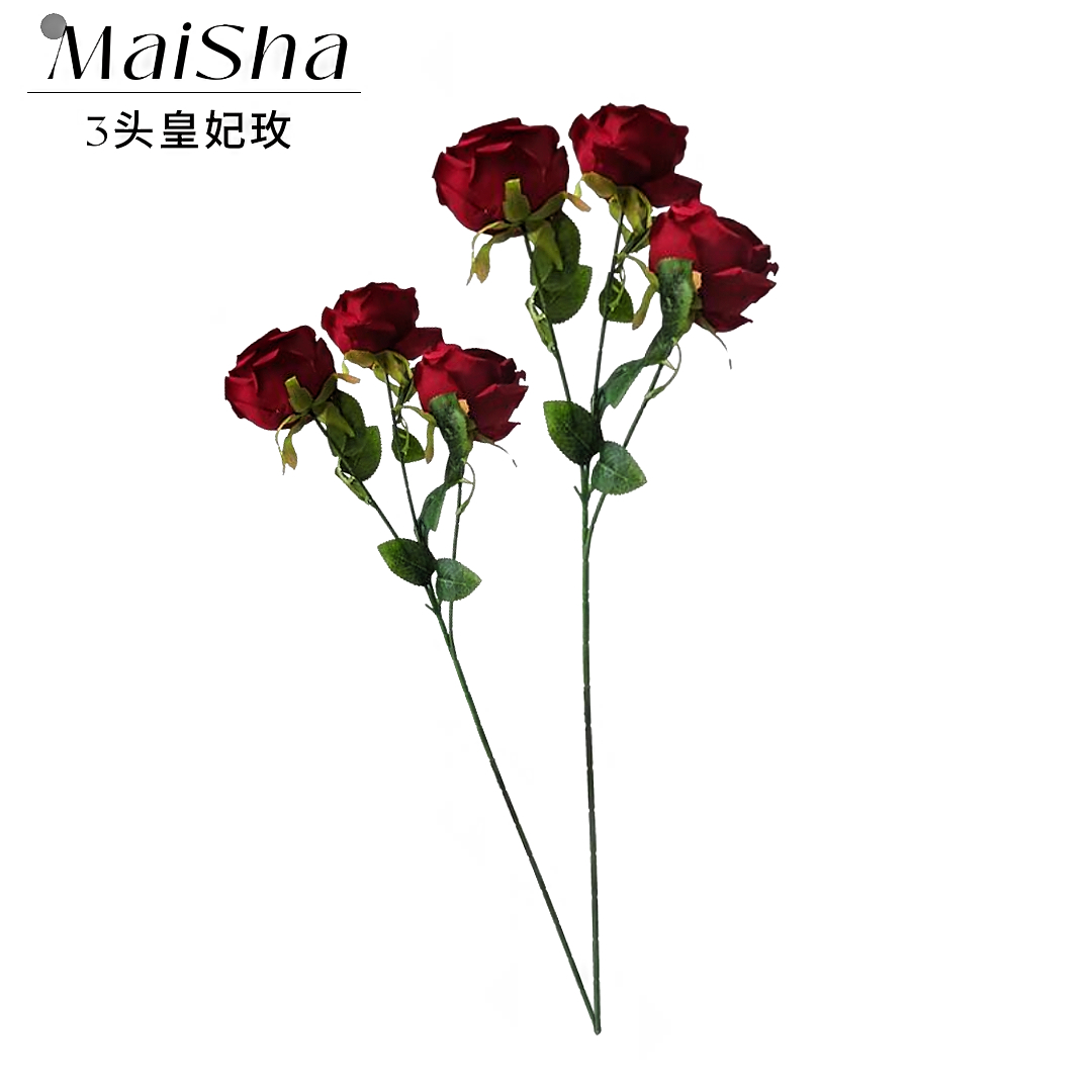 A red rose bouquet paired with a three-headed imperial concubine rose realistic flower arrangement, a simulated plant wall for wedding decoration, and a waterfall simulated floral arrangement
