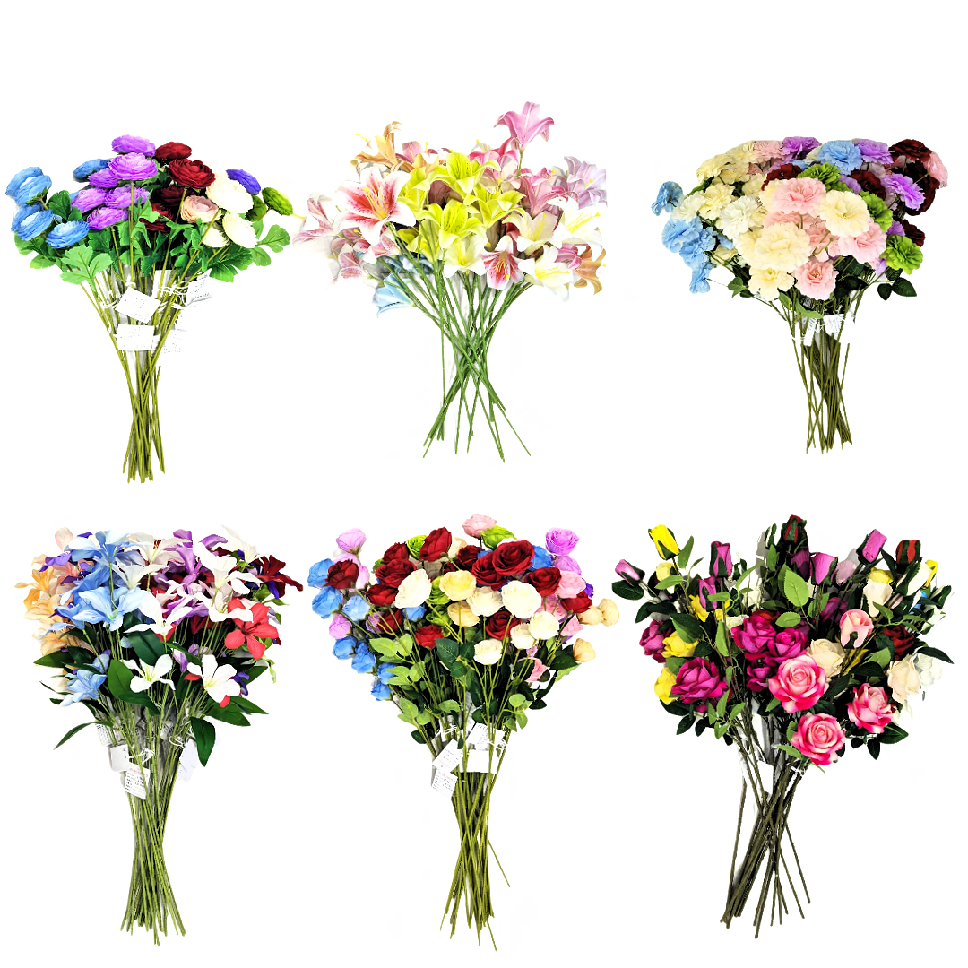Multicolored bouquets, various artificial bouquets, floral art tapes, preserved flowers, decorative floral products details Picture