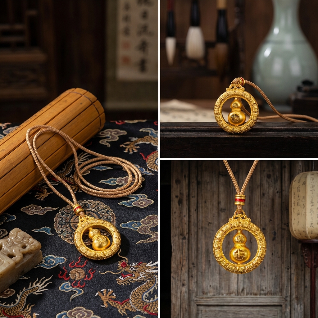 Gold gourd pendant, hand-carved and hollowed-out "Fu" character, gold wrapped in silver, inlaid with chain, movable "Fu" gourd