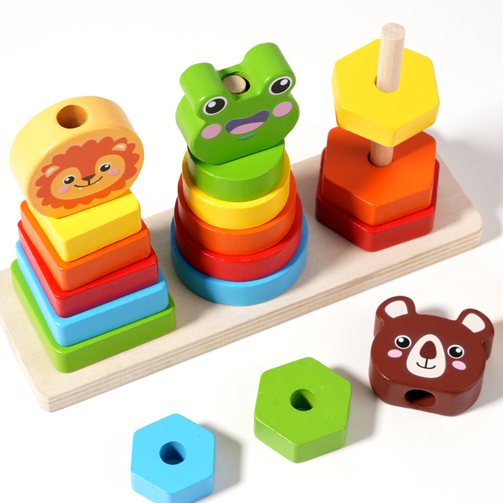 Export CE CPC EN71 colorful animal Jenga toys, wooden educational toys, kindergarten Montessori animal puzzle sets, rainbow towers, early childhood education children's toys, geometric shape matching building blocks Application Scenario