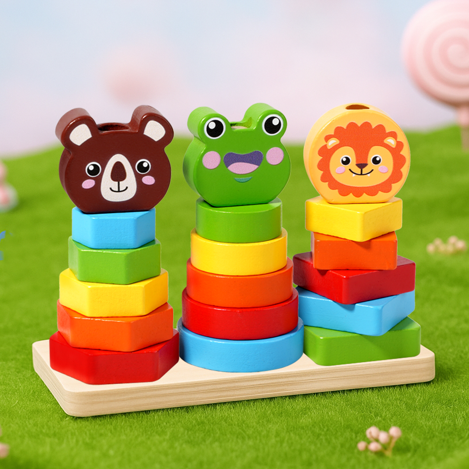 Export CE CPC EN71 colorful animal Jenga toys, wooden educational toys, kindergarten Montessori animal puzzle sets, rainbow towers, early childhood education children's toys, geometric shape matching building blocks full figure