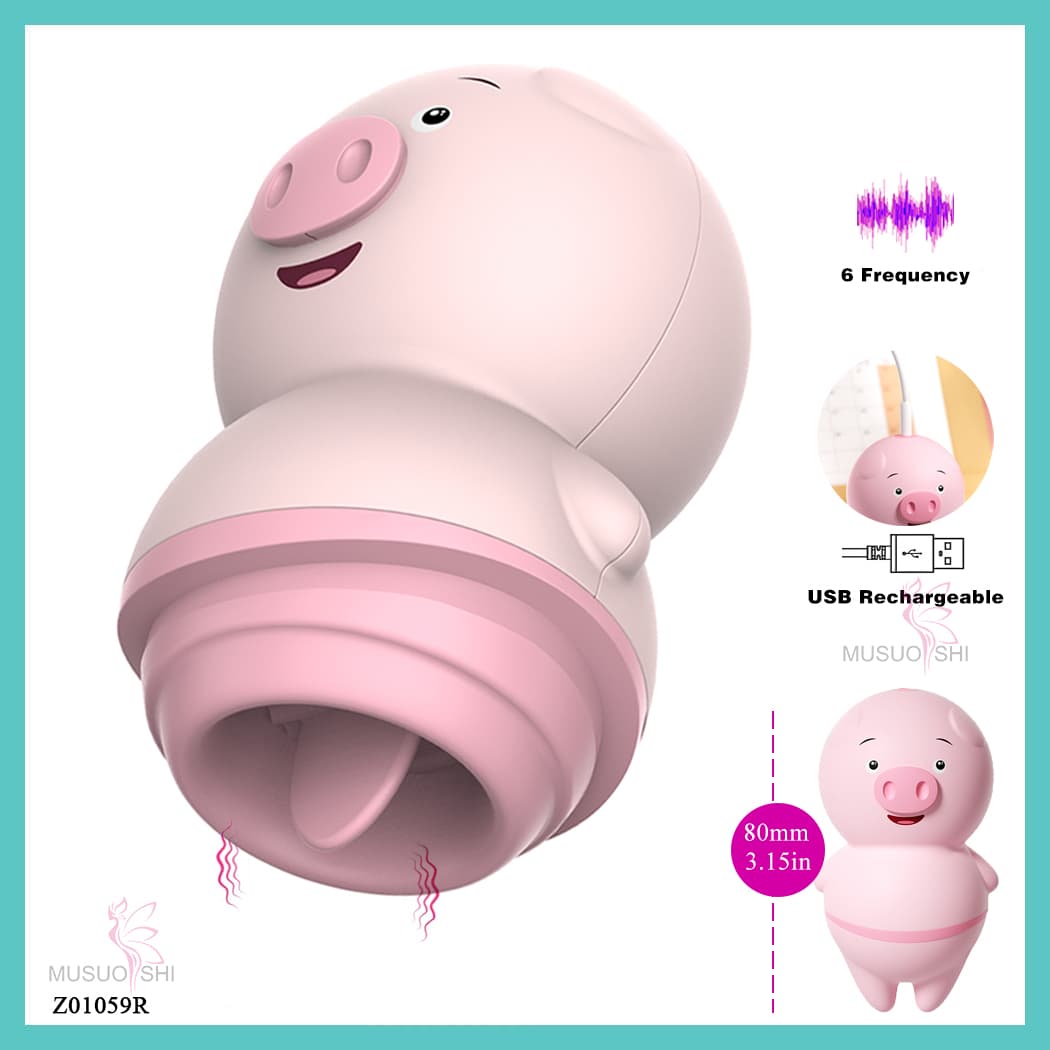 Z01059R  New Sex Toy Control Massager Female Sexy Lip Tongue Licking Vibrating Modes Vibrator Cute Pig-Shaped USB Rechargeable Vibrator, 6 Frequencies full figure