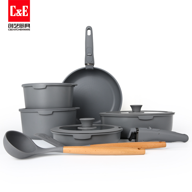 創(chuàng)藝廚具17件套不粘鍋可拆卸柄套裝一鍋多用鍋Cookware鋁鍋煎鍋鍋具套裝鍋詳情2