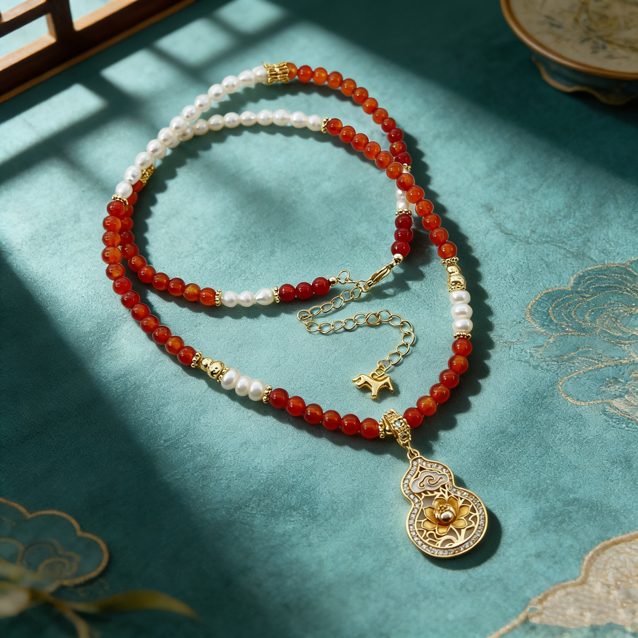 Red bead strings and pearl necklace, gourd-shaped pendant, natural stone silver jewelry, women's fashionable and versatile gift Application Scenario
