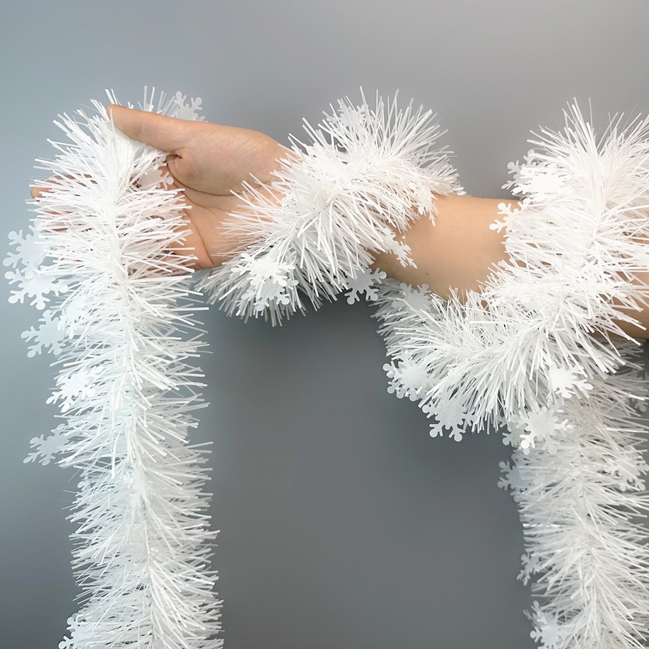 跨境圣诞节装饰彩条拉花白色雪花2米加密毛条9厘米藤条氛围布置图