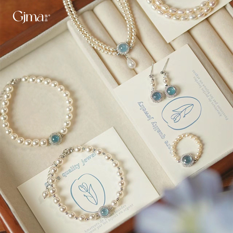 海蓝宝镶钻水晶锆石碎银珍珠项链气质时尚锁骨链法式复古轻奢项饰图