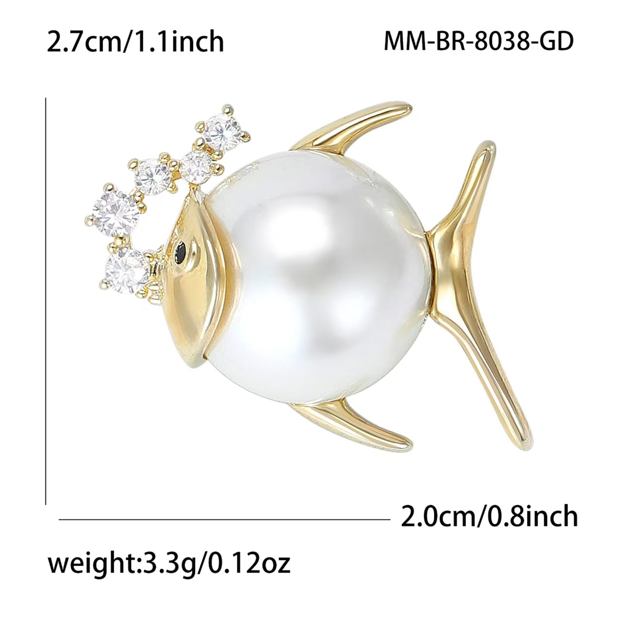 Micro-inlaid zircon cute pearl fish collar pin cartoon Marine creature brooch fashionable and simple shirt decoration pin Item Picture