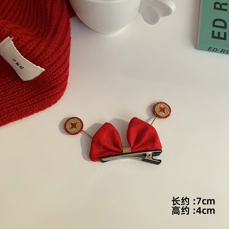 新年头饰发财暴富发饰中国风红色蝴蝶结发夹女喜庆刘海侧边夹发卡详情图2