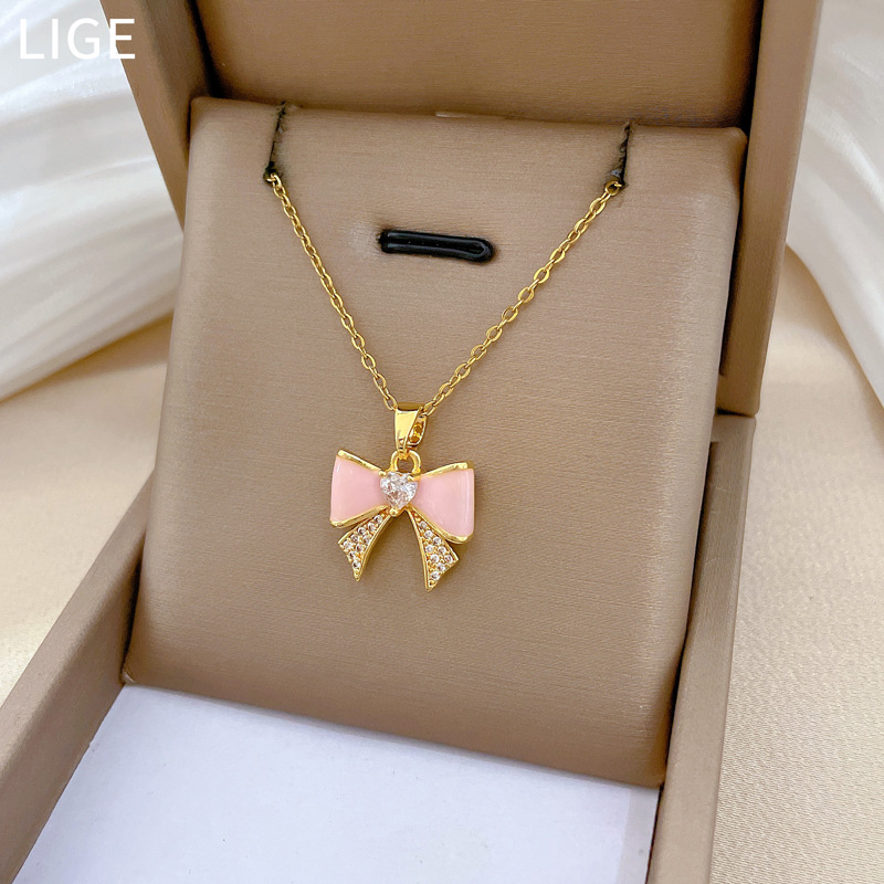 【钛钢】滴油蝴蝶结轻奢气质华丽满钻项链女百搭锁骨链钛钢链条