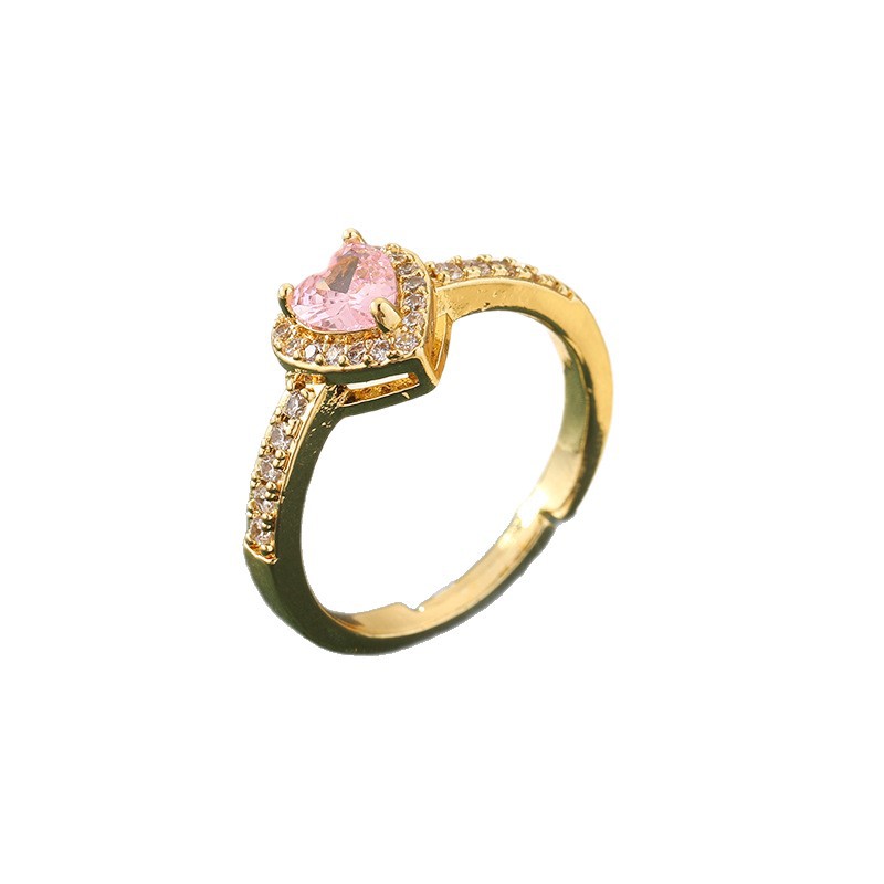 跨境新款粉色爱心锆石戒指女小众设计高级感气质可调节指环手饰品戒指