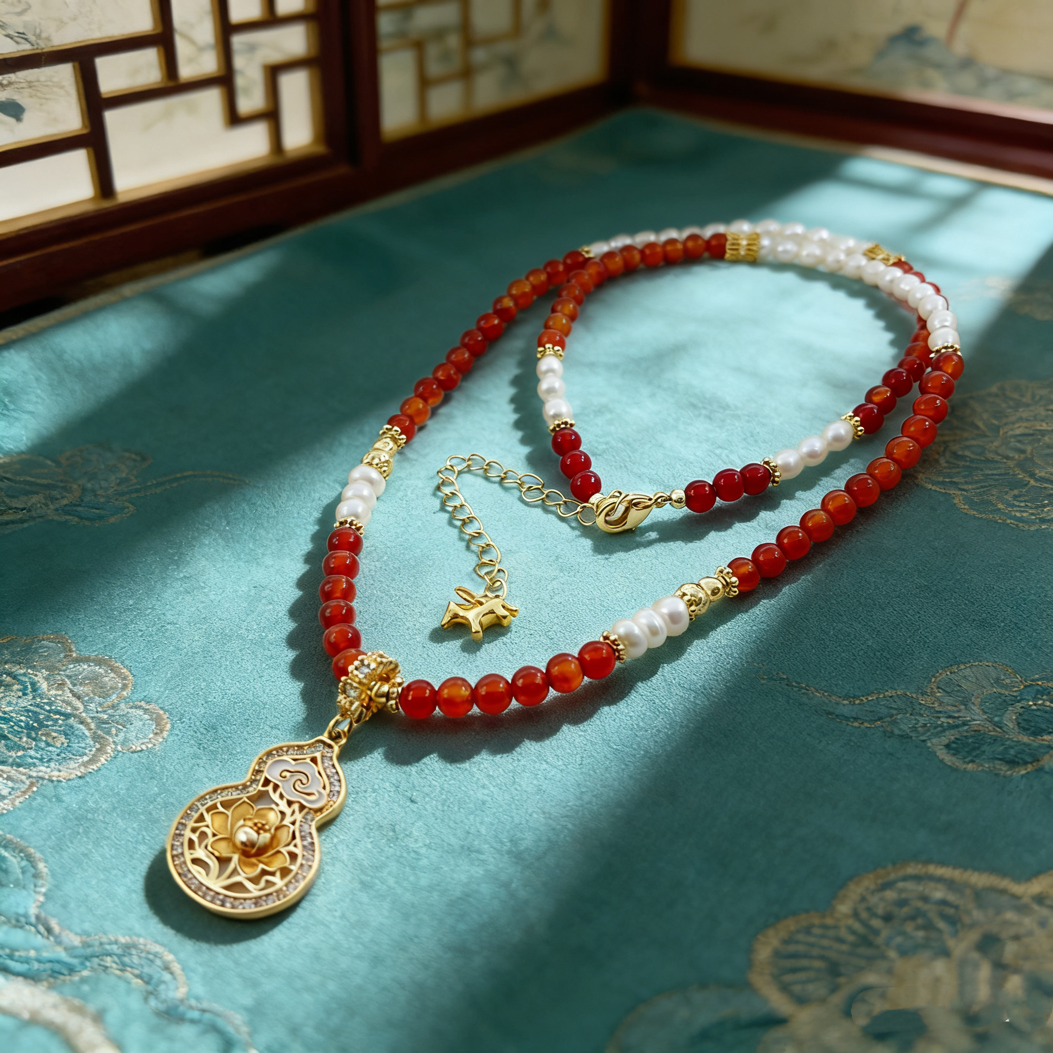 Red bead strings and pearl necklace, gourd-shaped pendant, natural stone silver jewelry, women's fashionable and versatile gift details Picture