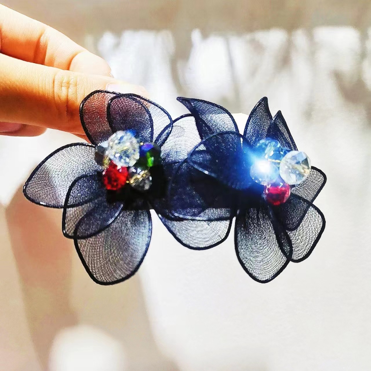 黑色双层水晶双层彩色花朵耳环 网纱手工五瓣花耳饰跨境非洲