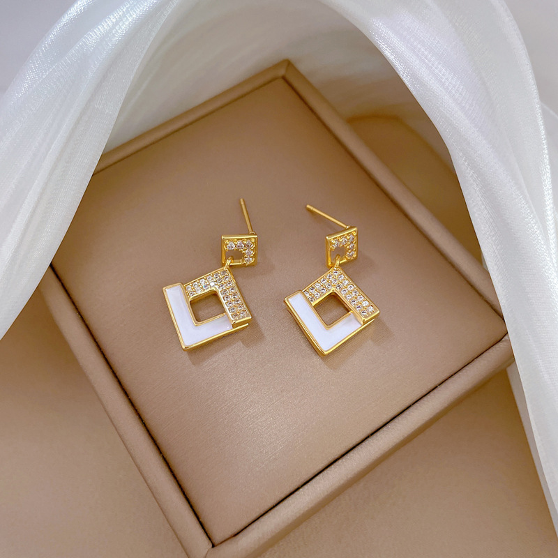 【钛钢】微镶项链耳环套装轻奢方块滴油个性气质宴会耳饰项饰组合详情图4