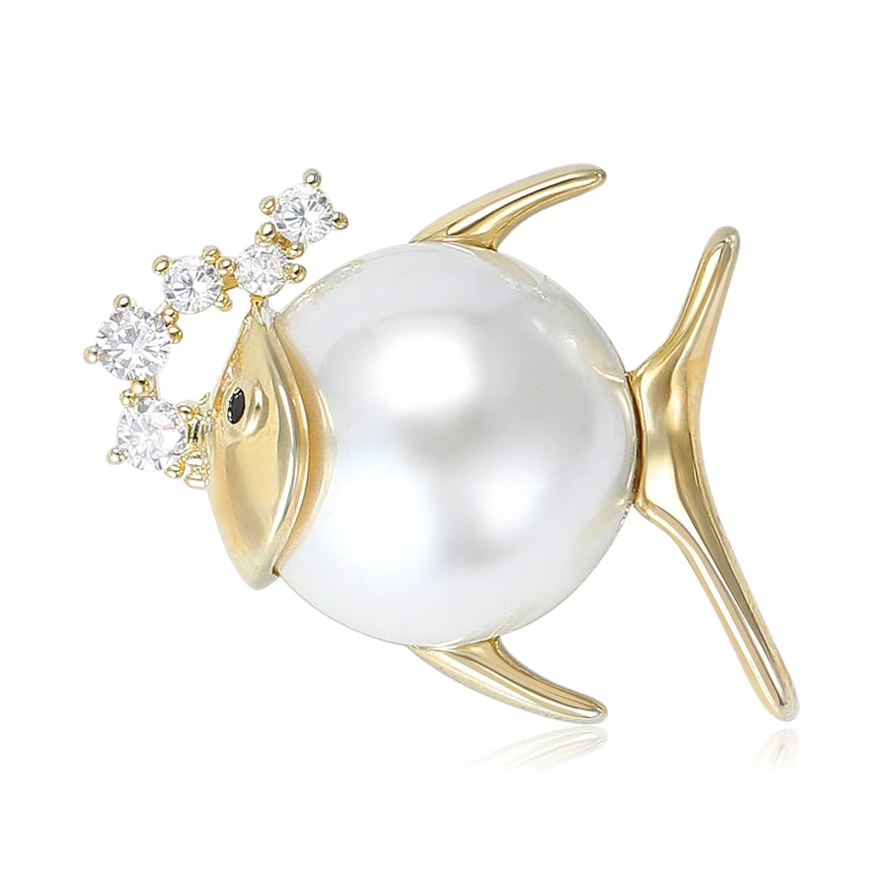Micro-inlaid zircon cute pearl fish collar pin cartoon Marine creature brooch fashionable and simple shirt decoration pin Specification image