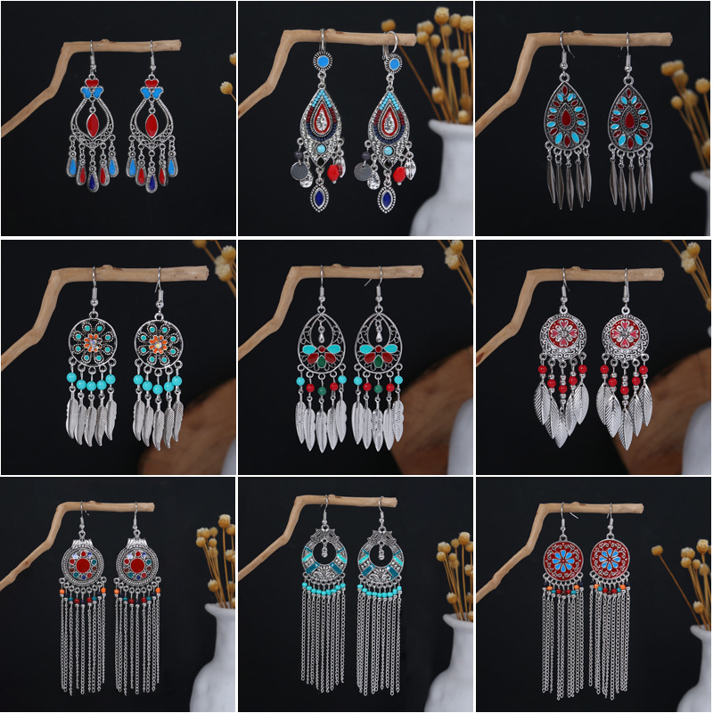 欧美波西米亚民族风椭圆耳饰 复古旅游景点少数民族流苏串珠耳环