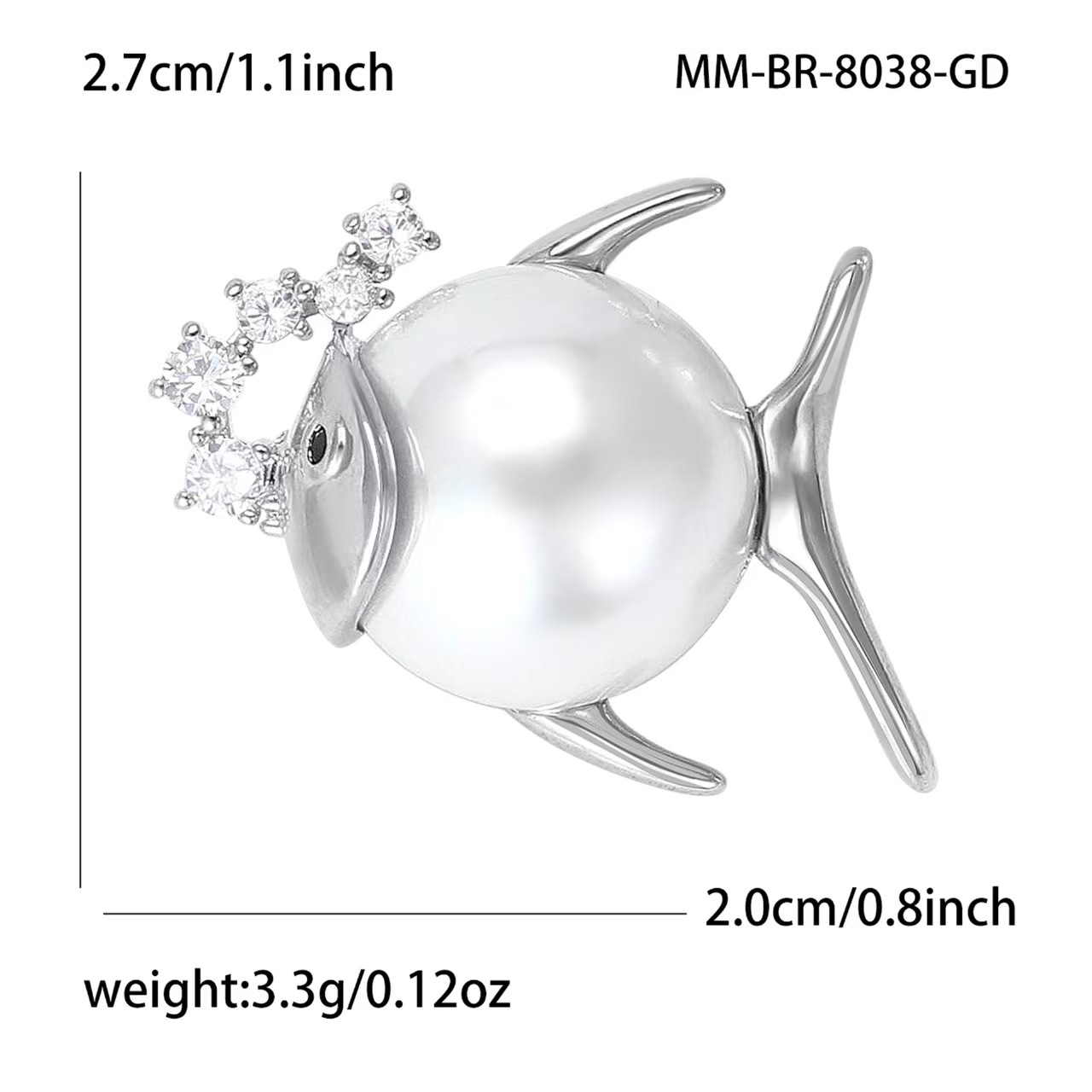 Micro-inlaid zircon cute pearl fish collar pin cartoon Marine creature brooch fashionable and simple shirt decoration pin details Picture