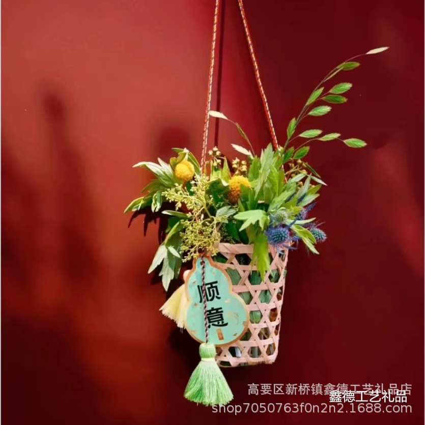 艾草手提竹花篮DIY小竹篓花篮装饰端午佳节居家门挂竹编竹编非遗
