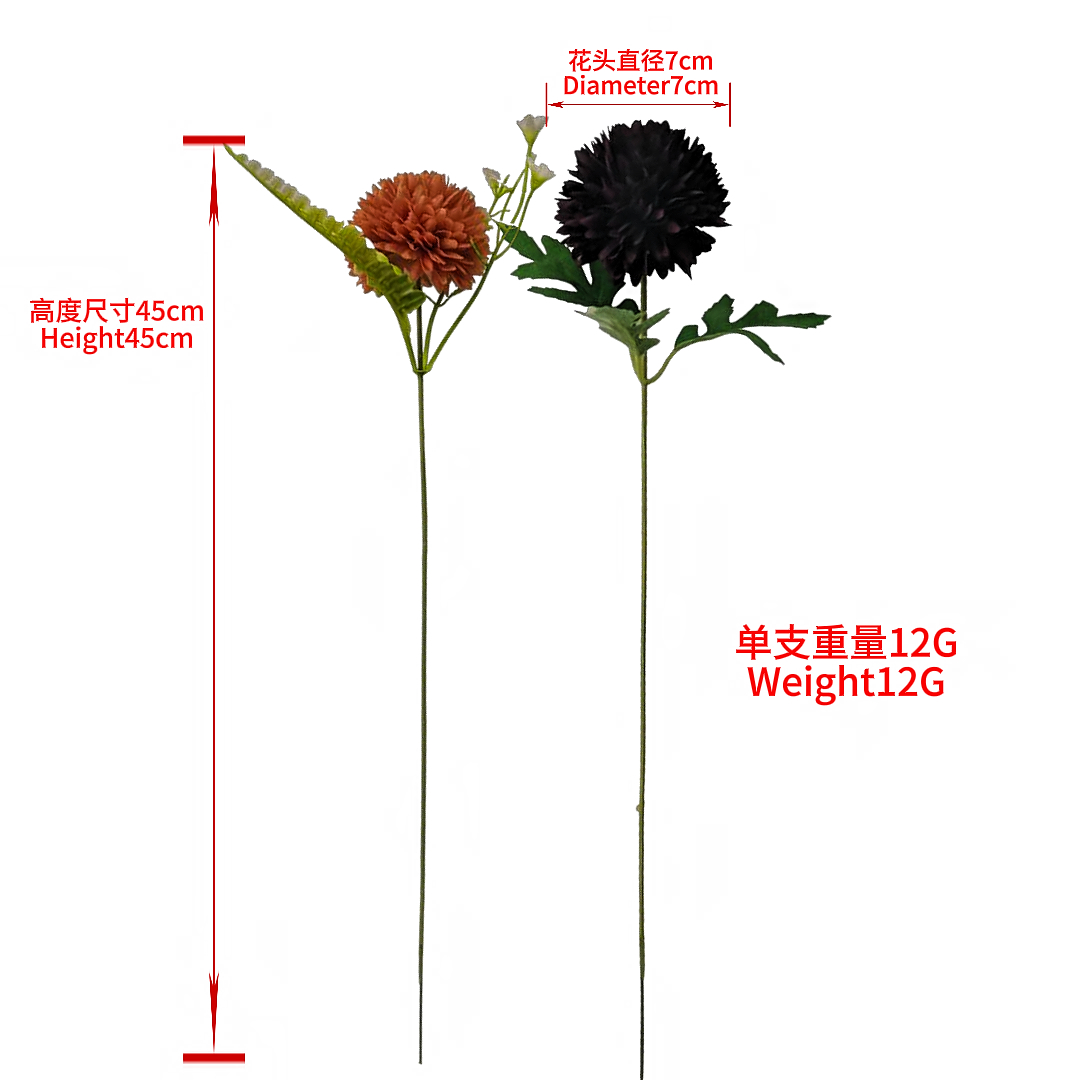 A single-stem large chrysanthemum artificial flower with black and orange flowers, green stems and leaves, and moss as a decorative floral arrangement details Picture