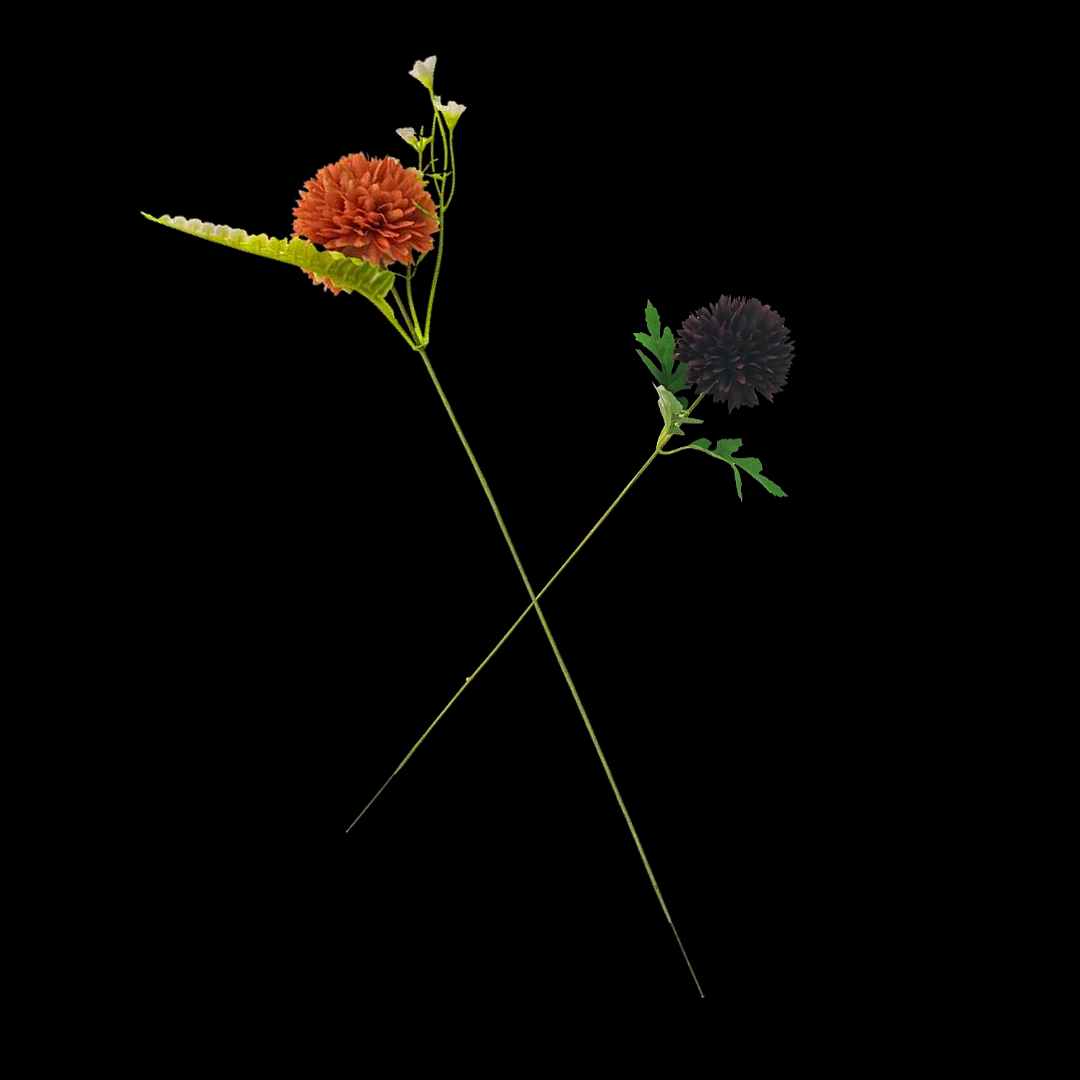 A single-stem large chrysanthemum artificial flower with black and orange flowers, green stems and leaves, and moss as a decorative floral arrangement Specification image