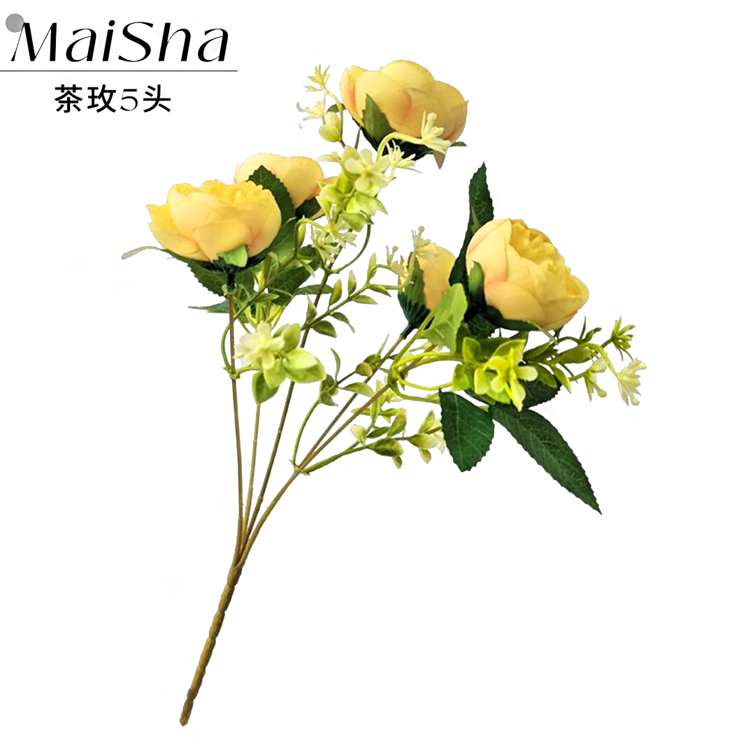 Yellow tea rose bouquet, realistic 5-head flower arrangement, artificial plant wall, artificial flower waterfall, wedding decoration, multi-purpose display item