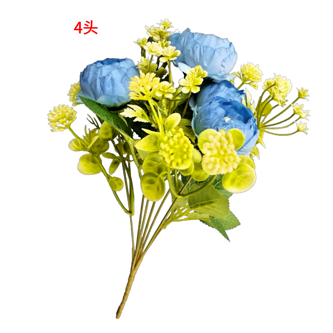 Blue peonies, exquisite peonies, 4 small yellow flowers, green leaves, artificial flower bouquet, wedding background decoration Specification image