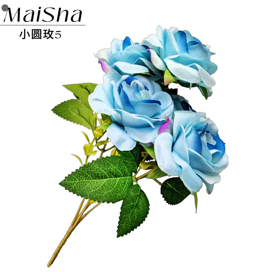 Blue rose bouquet, realistic small round rose 5-flower arrangement, artificial plant flower decoration, waterfall ornament