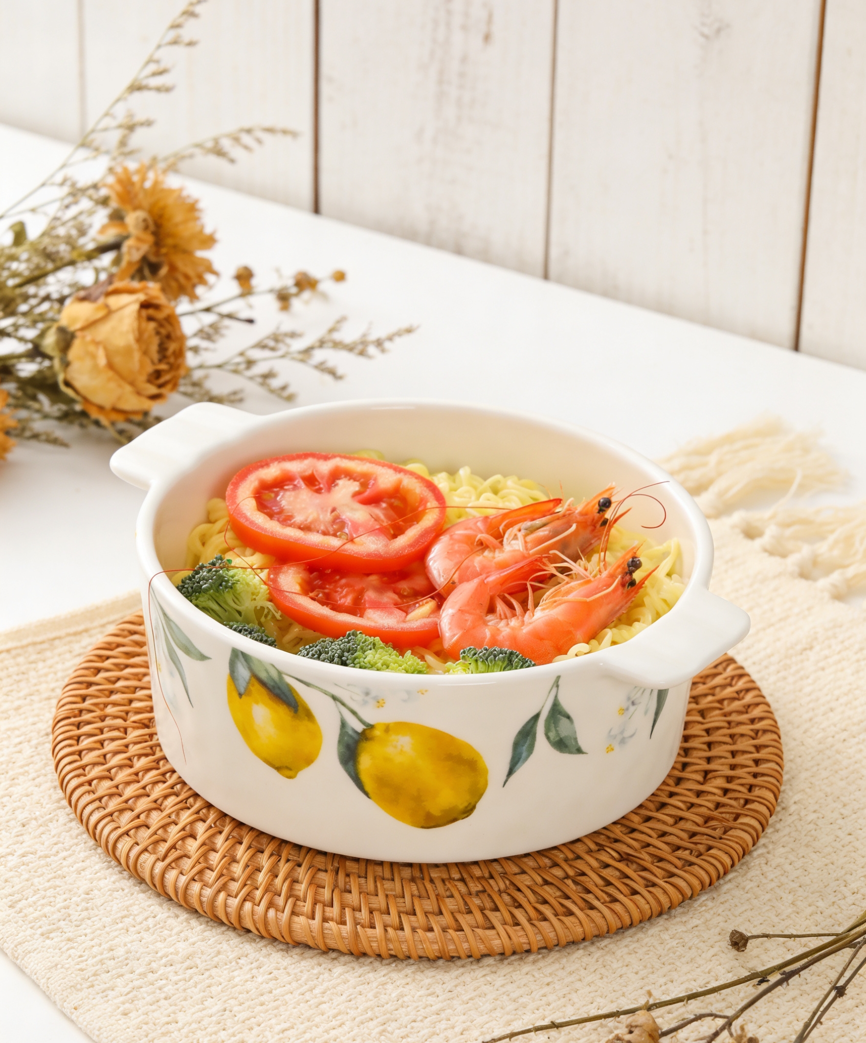 清新柠檬纹9寸双耳烤盘 家用陶瓷焗饭盘汤碗 高颜值烤箱微波炉适用