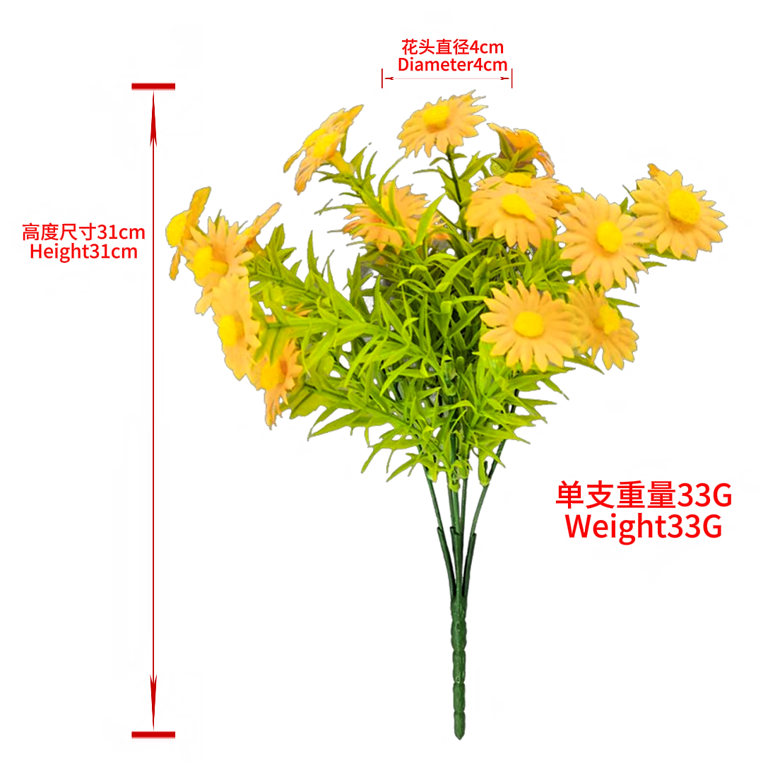Yellow small daisies, 5-pronged artificial flower bouquets, handcrafted wedding background, sacrificial items, red bean flower decorations details Picture