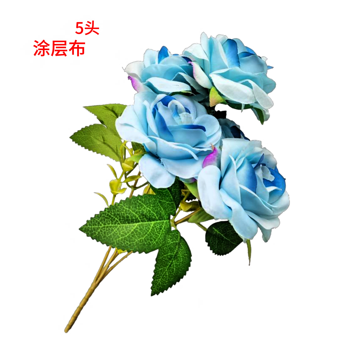 Blue rose bouquet, realistic small round rose 5-flower arrangement, artificial plant flower decoration, waterfall ornament Specification image