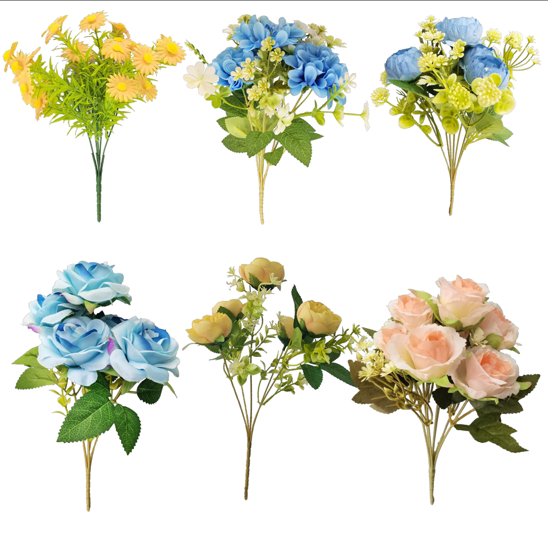 Blue rose bouquet, realistic small round rose 5-flower arrangement, artificial plant flower decoration, waterfall ornament Item Picture