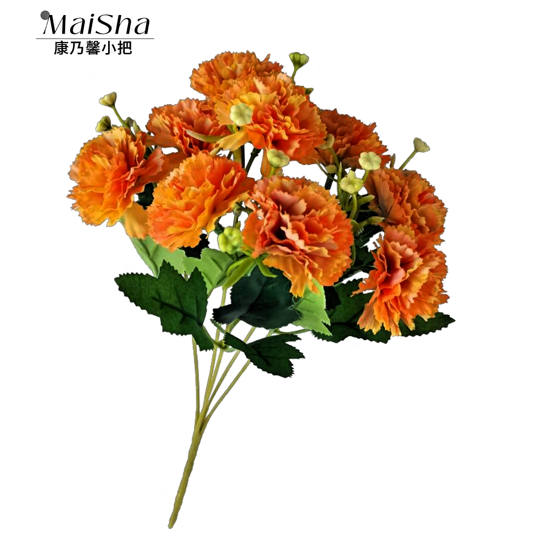 Orange carnation bunches, flower stems, knitted flowers, decorative floral art, decorative flower products
